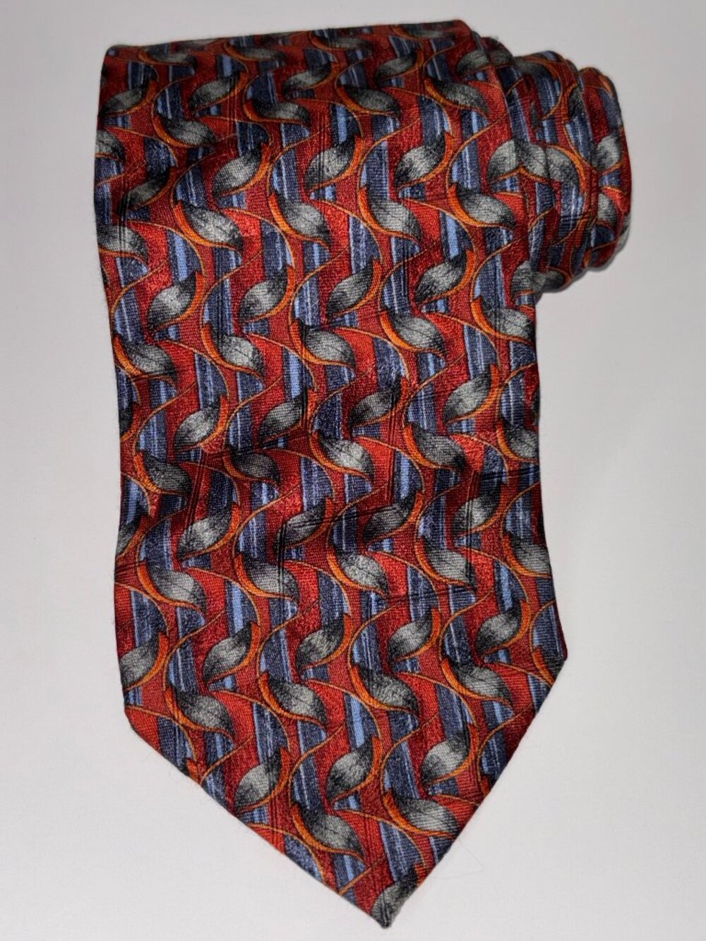Ermenegildo Zegna Silk Tie Red Orange Blue Leaf Design Made in Italy  100% Silk